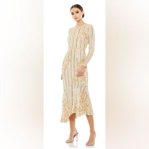 LONG SLEEVE EMBELLISHED TEA LENGTH DRESS SIZE 10 Style #93627 GOLD
